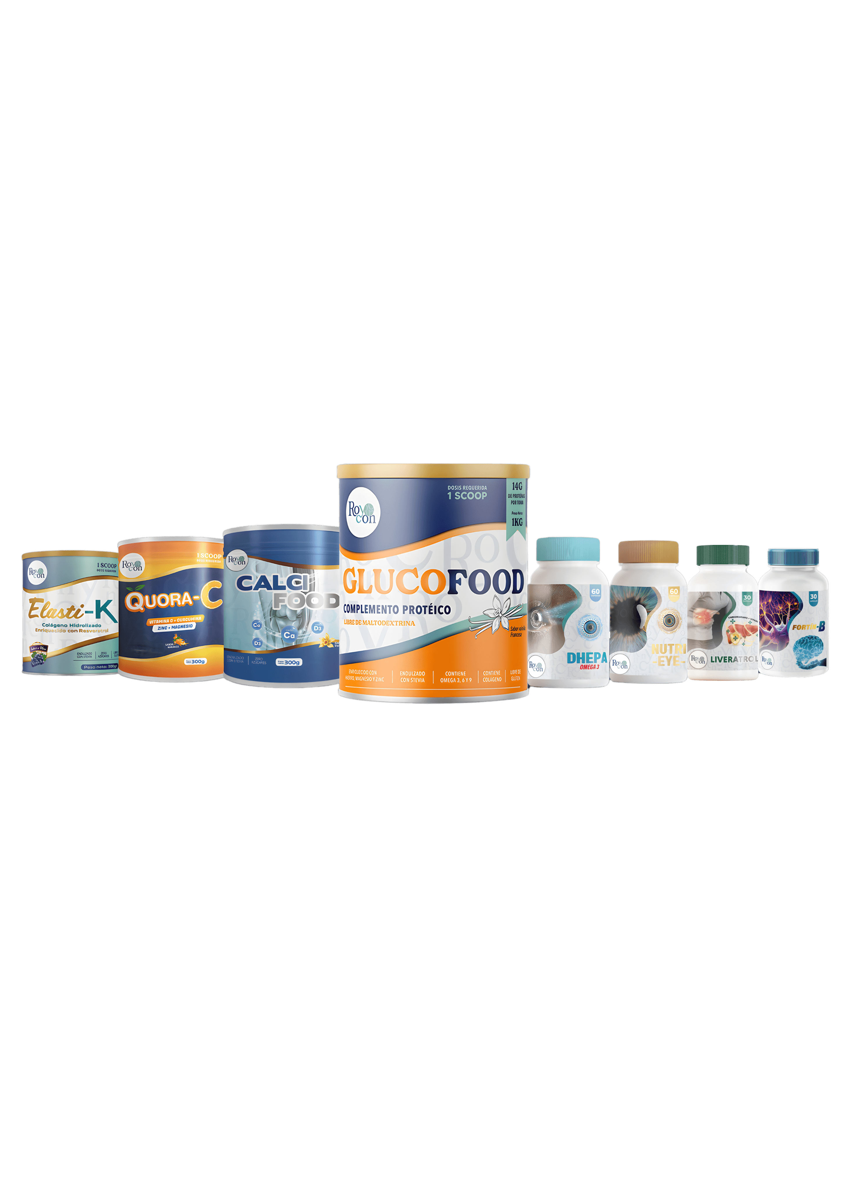 Glucofood, Liveratrol y Fortín-B — línea completa Roycon